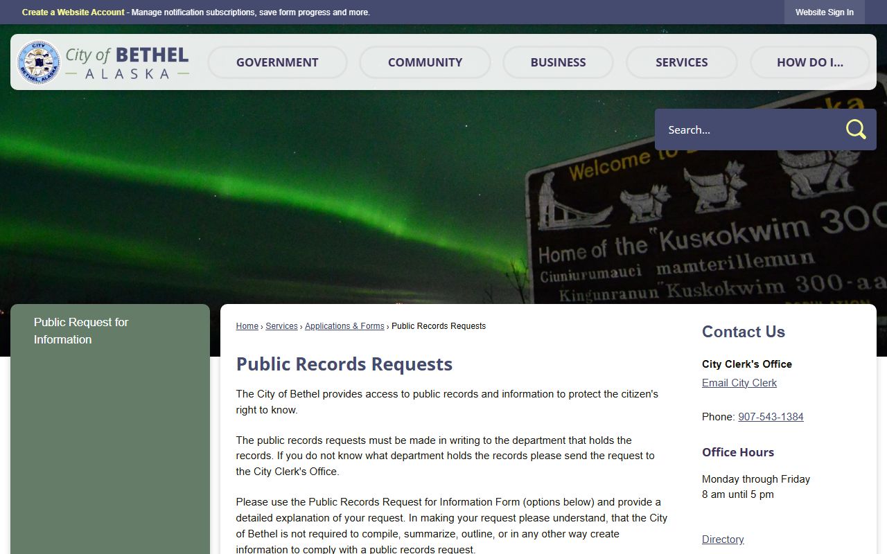 City of Bethel public records DUI records request page