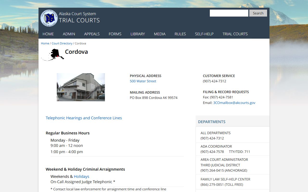 Cordova Courthouse court directory for Chugach Census Area DUI records