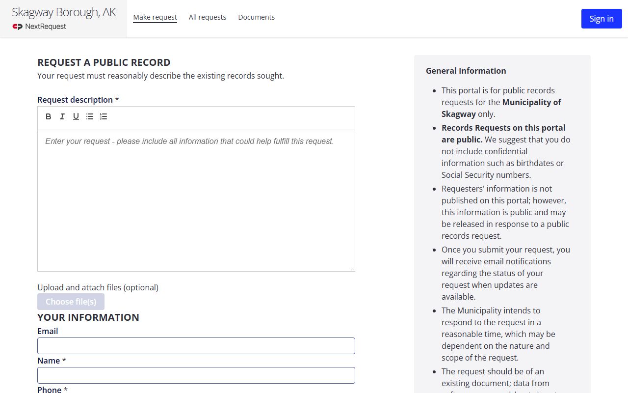 Skagway Borough public records request portal for accessing DUI records and police department documents