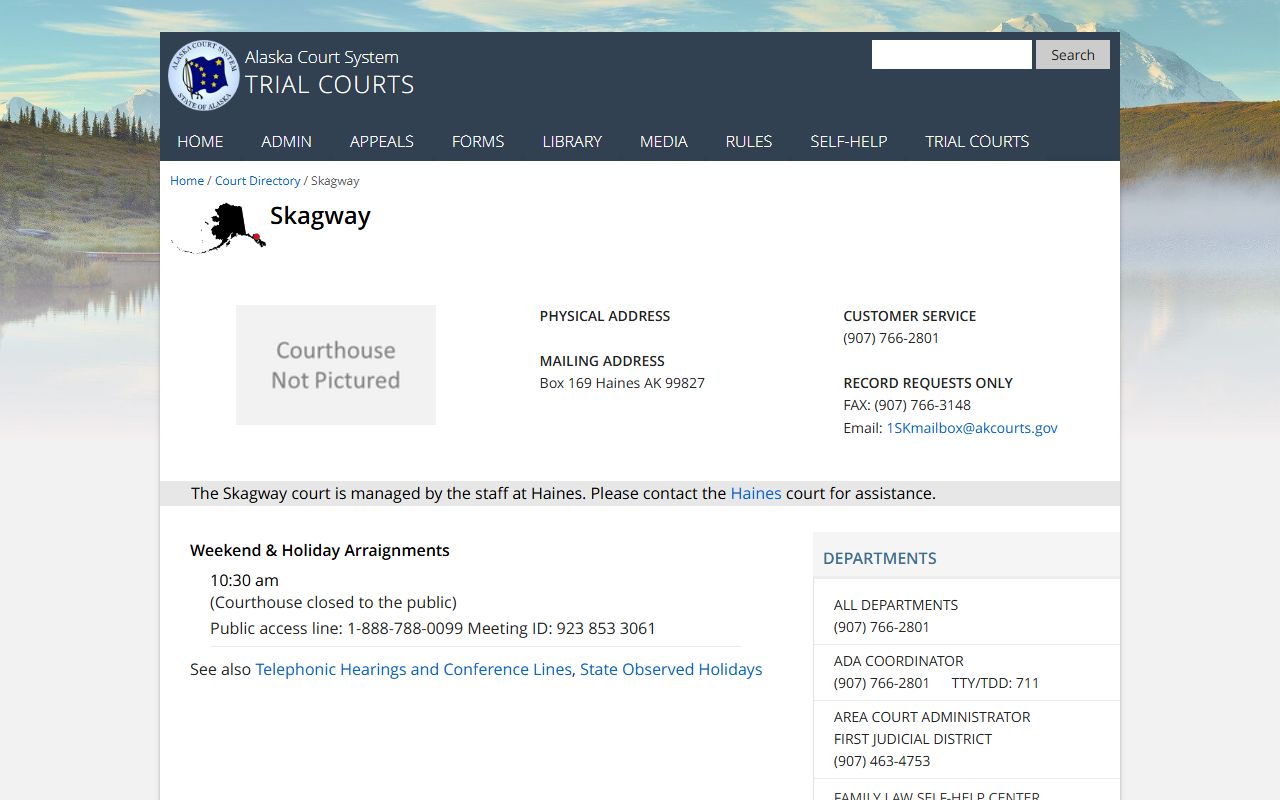 Skagway Court directory page on the Alaska Court System website showing DUI records access information