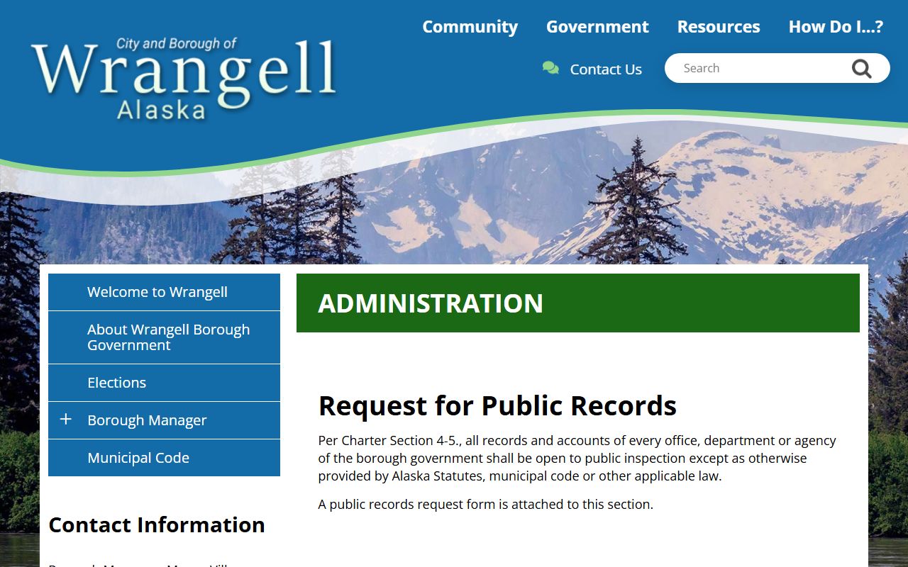 Wrangell Borough public records request page for obtaining DUI-related police records and municipal documents