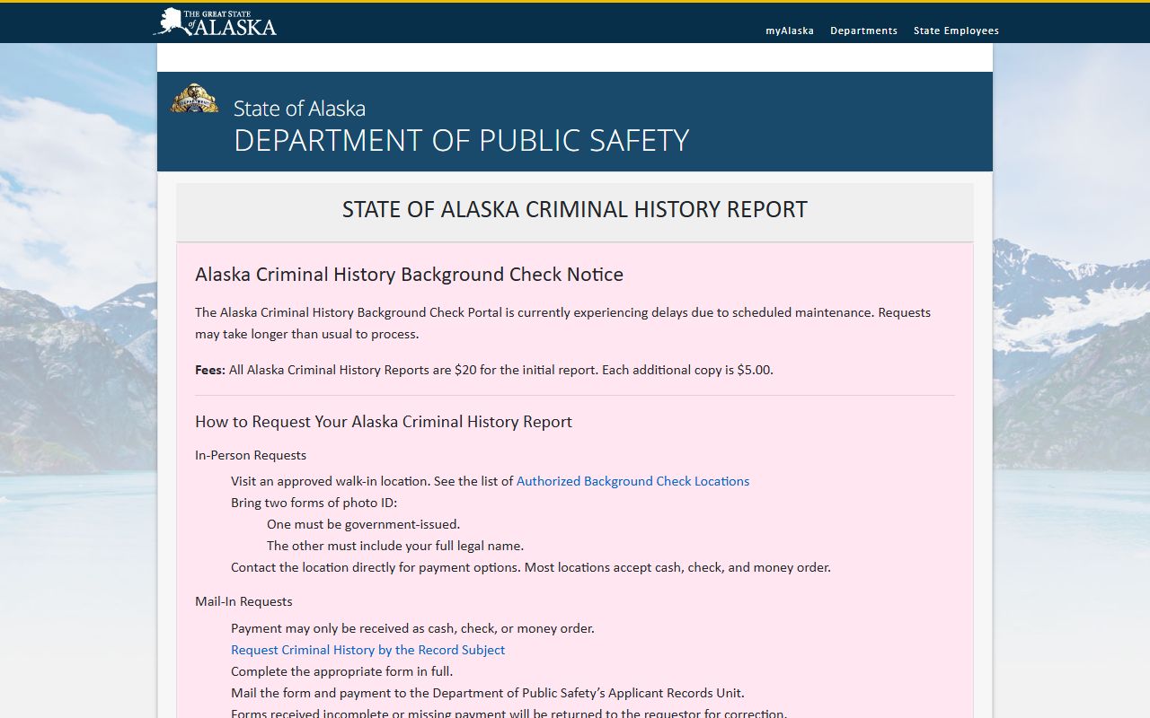 Alaska DPS self-service background check portal for DUI records